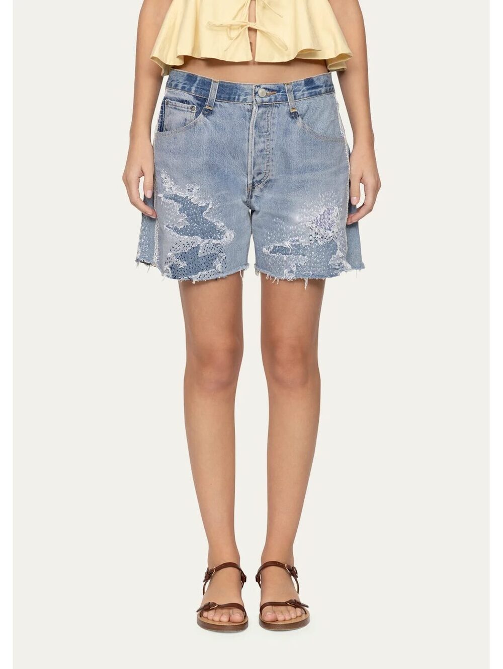 Sea New York Distressed Denim Shorts Crochet Trim Patchwork Raw Hem Blue